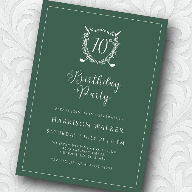 Convite 70th Birthday Party Golf Crest Elegant Script Sage (Script font adds just the right touch of elegance. )