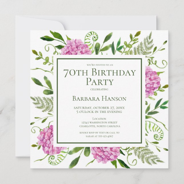 Convite 70th Birthday Pink Hydrangeas Card Request  (Frente)