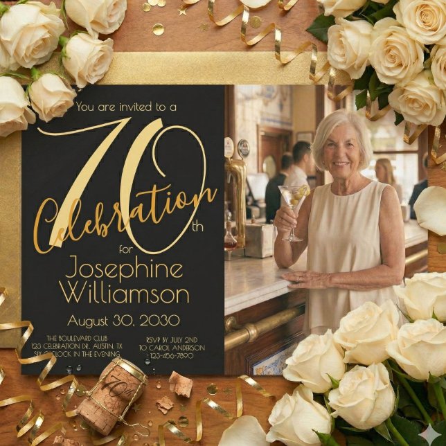 Convite 70th Celebration Photo Black Gold 70th Birthday (Criador carregado)