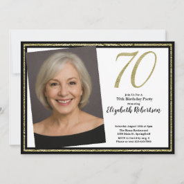 Convite 70th Custom Photo White Black and Gold