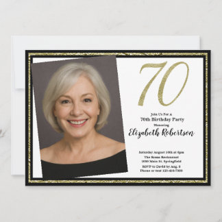 Convite 70th Custom Photo White Black and Gold
