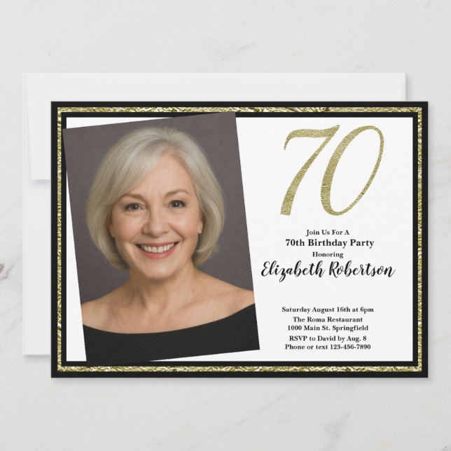 Convite 70th Custom Photo White Black and Gold  (Frente)