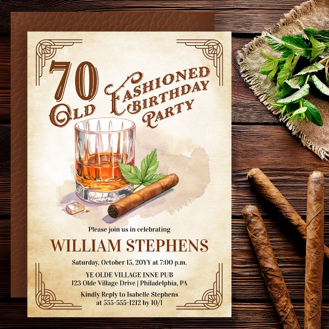 Convite 70th Old Fashioned Whiskey Cigar Birthday Party (Old Fashioned whiskey 70th birthday invitation with vintage masculine style)