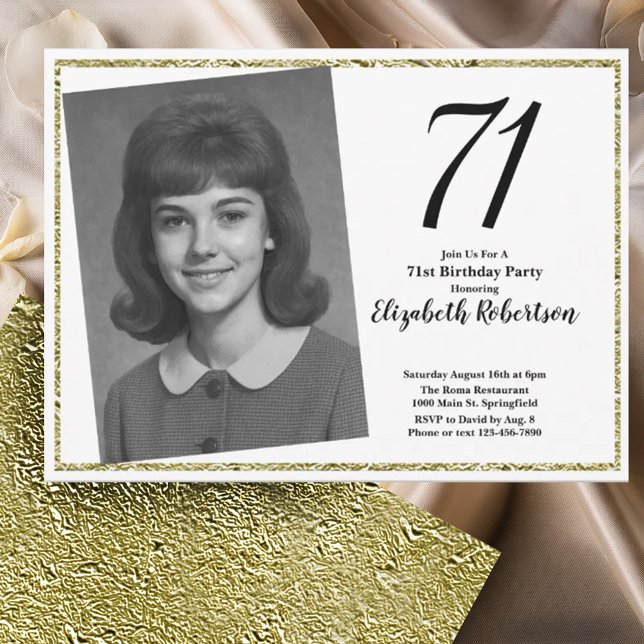Convite 71º Personalizado Foto Branco e Dourado  (Criador carregado)