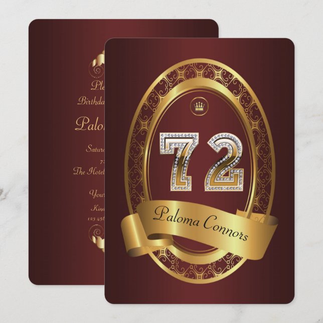 Convite 72º,festa de aniversário homem, elegante cor (Frente/Verso)