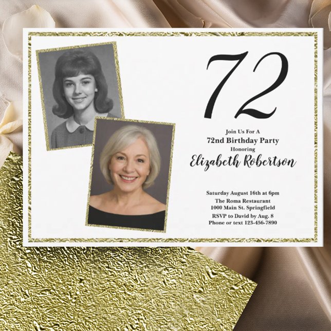 Convite 72º Personalizado Foto Branco e Dourado  (Criador carregado)