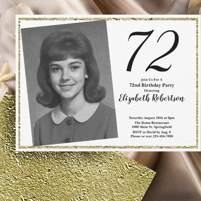 Convite 72º Personalizado Foto Branco e Dourado  (Criador carregado)