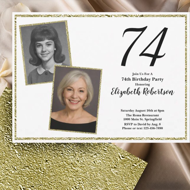 Convite 74º Personalizado Foto Branco e Dourado  (Criador carregado)