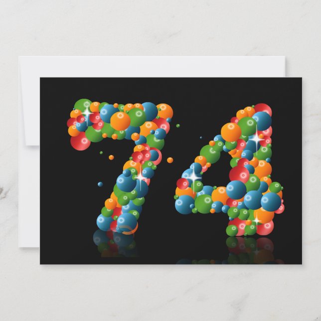 Convite 74.a Festa de aniversário, com bolhas e bolas (Frente)