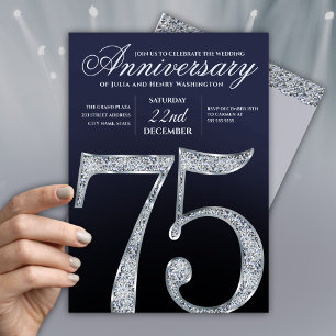 Convite 75º Aniversário Diamante Prata Azul-Marinho Modern