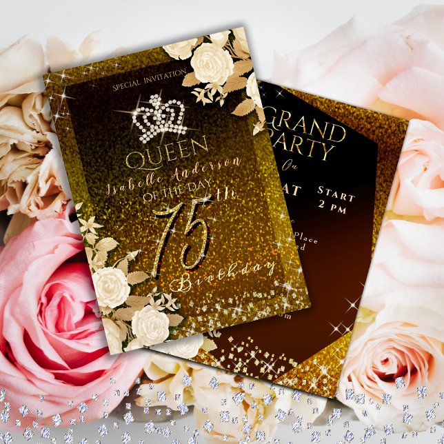 Convite 75º aniversário Dourado da Coroa Glittering (Elegant crown birthday Invitation card for your mom or grandmother for her special 75th birthday.)