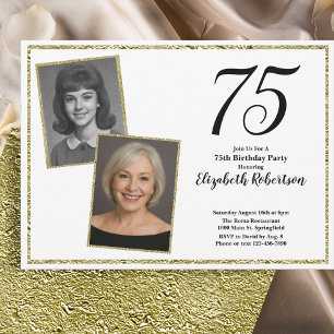 Convite 75º Personalizado Foto Branco e Dourado