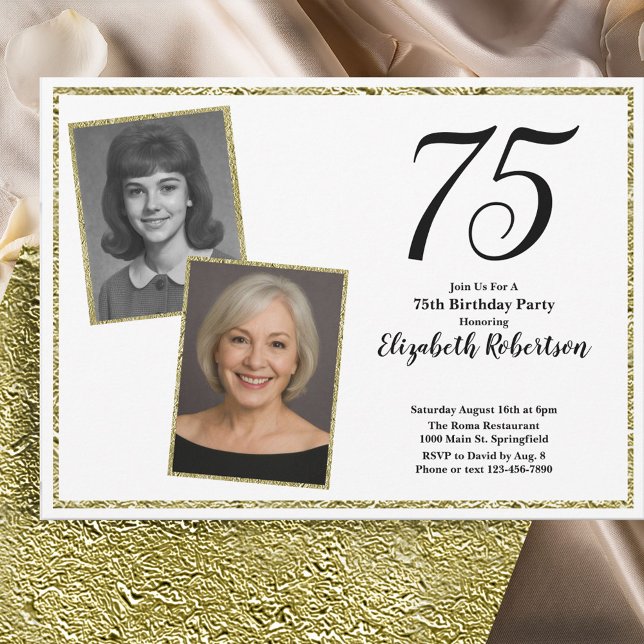 Convite 75º Personalizado Foto Branco e Dourado  (Criador carregado)
