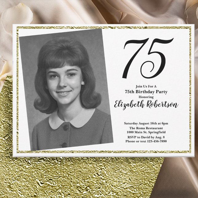 Convite 75º Personalizado Foto Branco e Dourado  (Criador carregado)