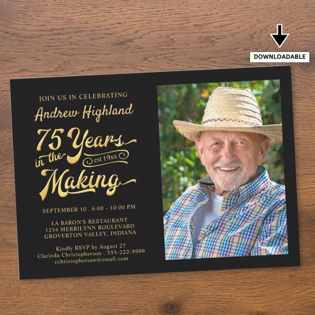 Convite 75.º aniversário 75 ANOS NO FAZER Negro Dourado (Criador carregado)