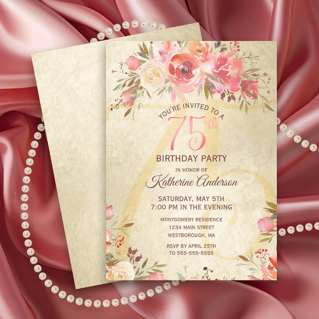 Convite 75.º Aniversário do Partido Shimmer Dourado Rosas  (Vintage Pink Rose Gold Shimmer 75th Birthday Party Invitation)