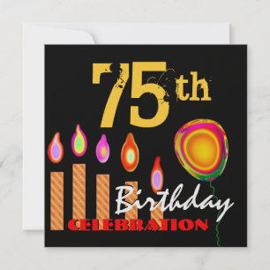 Convite 75. º aniversário Douradas velas e balões metá