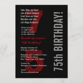 Convite 75.º Aniversário Moderno Vermelho Branco Preto