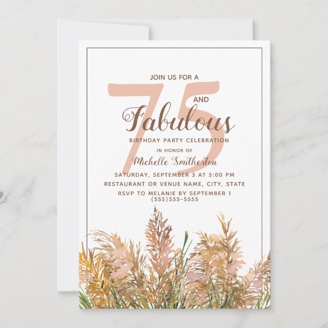 Convite 75 Fabuloso Capim-dos-Pampas em Branco Aniversário (Frente)