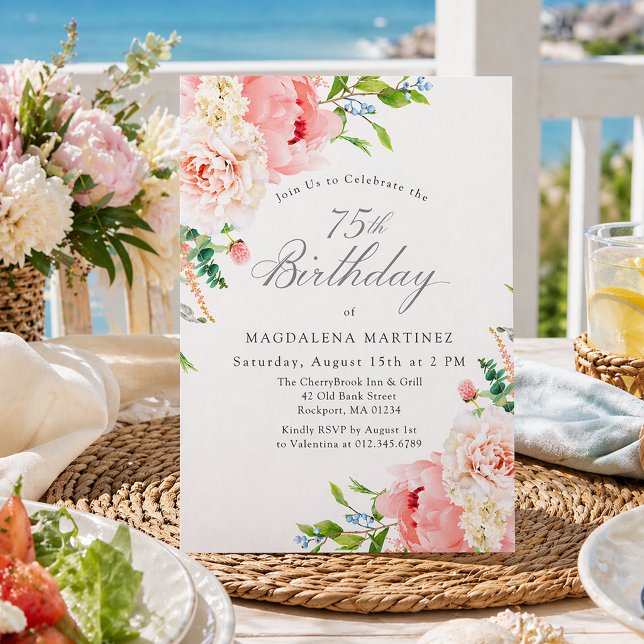 Convite 75th Birthday Party Feminine Pink Roses Floral (Criador carregado)