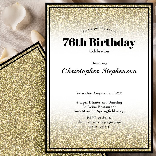 Convite 76th Birthday Party Invitation in Black and Gold (Criador carregado)