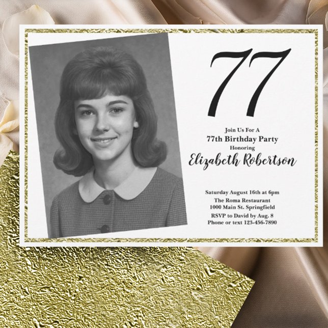 Convite 77º Personalizado Foto Branco e Dourado  (Criador carregado)