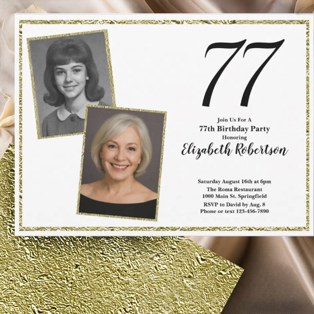 Convite 77º Personalizado Foto Branco e Dourado  (Criador carregado)