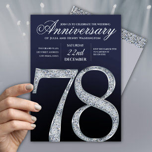 Convite 78º Aniversário Diamante Prata Azul Marinho Modern
