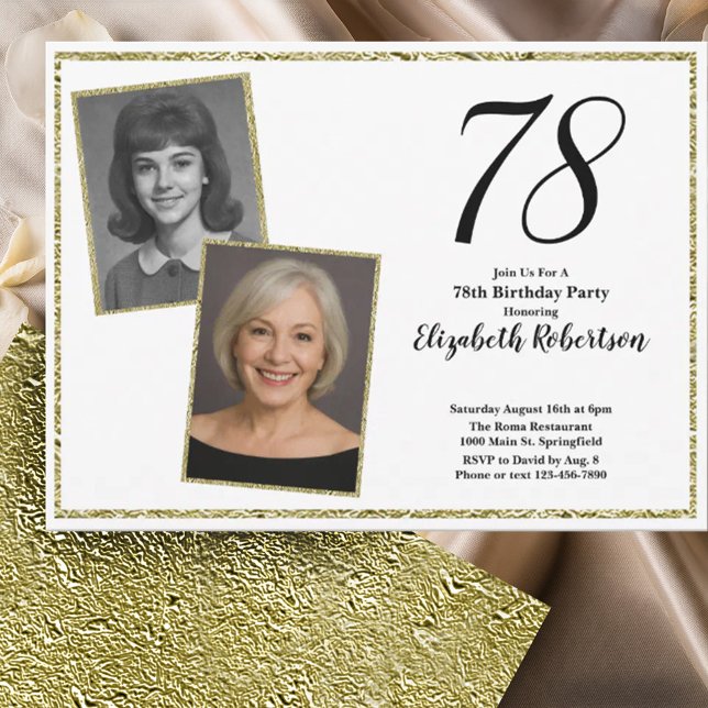 Convite 78º Personalizado Foto Branco e Dourado  (Criador carregado)