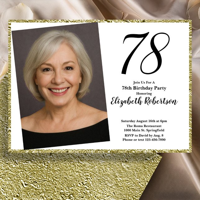 Convite 78º Personalizado Foto Branco e Dourado  (Criador carregado)