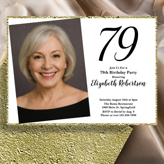 Convite 79º Branco e Dourado Foto Personalizada  (Criador carregado)