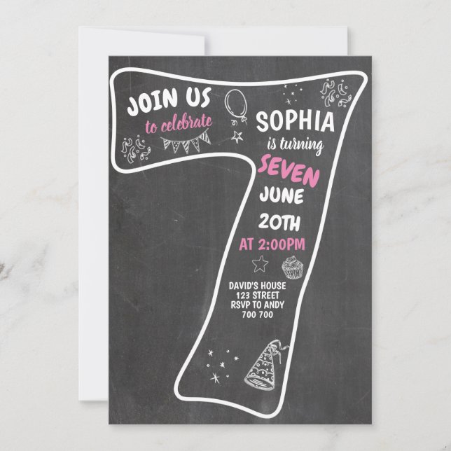 Convite 7 Birthday Girl Chalkboard Número Rosa (Frente)