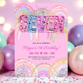 Convite 7 Birthday Invitation Girl Editable Rainbow Sequ