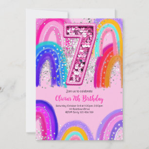 Convite 7 Birthday Rainbow Pink Party