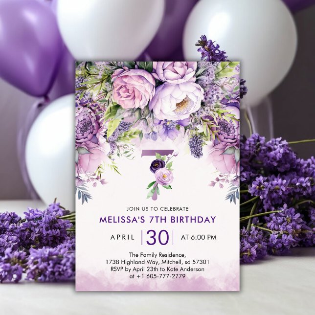 Convite 7 de Aniversário da Garden Flowers de Púrpura e Ro (Purple & Pink Garden Flowers Girl 7th Birthday Invitation)