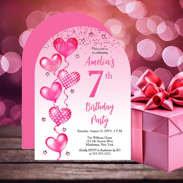 Convite 7 de Balões de Coração Rosa Elegante (Elegant Pink Heart Balloons 7th Birthday Party Arched Invitation)