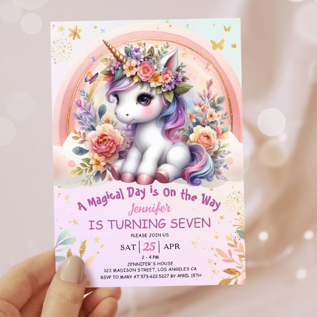 Convite 7 de Nascimento da Unicórica, Garota Rosa, Arco-Ír (#UnicornBirthdayInvitation #UnicornBirthdayInvitationTemplate #UnicornBirthdayInvitationEditable)