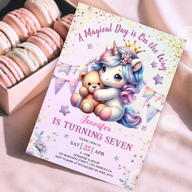 Convite 7 do Unicórnio Aniversário Convidar Menina Rosa Do (#UnicornBirthdayInvitation #UnicornBirthdayInvitationTemplate #UnicornBirthdayInvitationEditable )