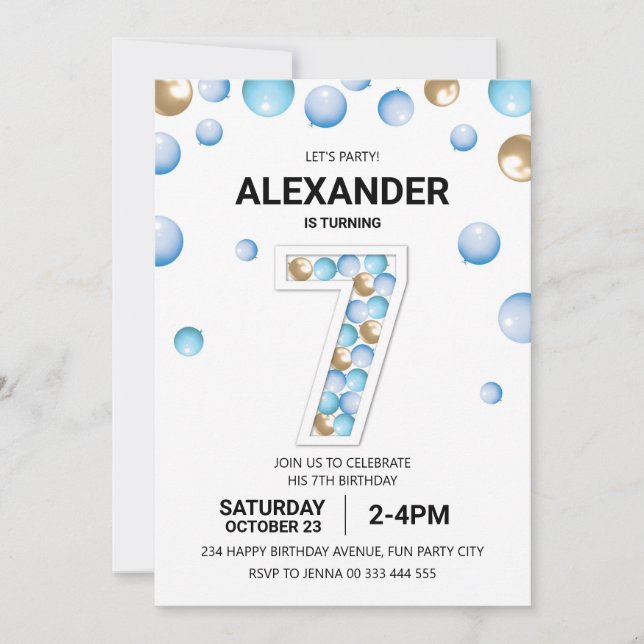 Convite 7 Festa de aniversário, Blue e Dourado Balon Boy (Frente)
