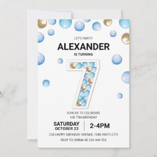 Convite 7 Festa de aniversário, Blue e Dourado Balon Boy