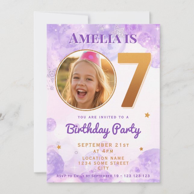 Convite 7 Purple Gold Star Bubbles Birthday Invitation (Frente)