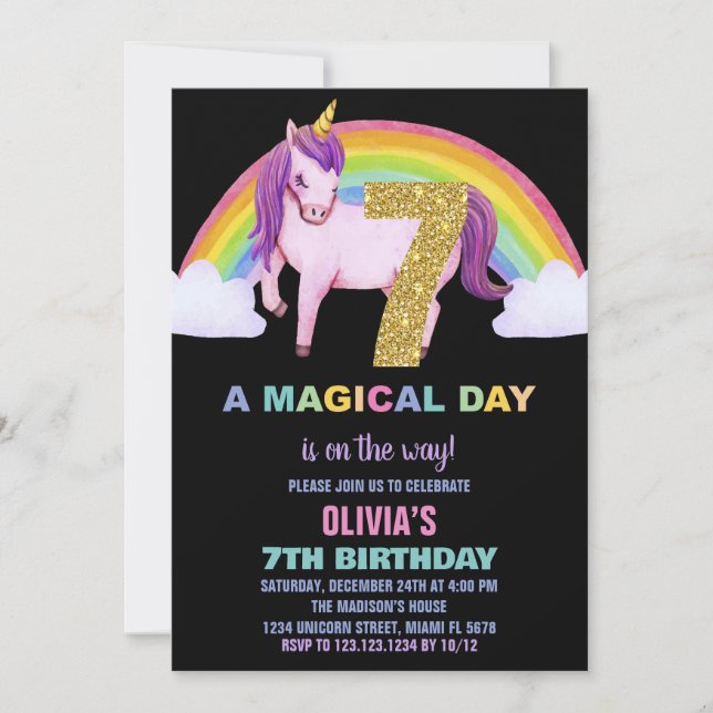 Convite 7 Rainbow Unicorn Aniversações de Aniversário Glit (Frente)