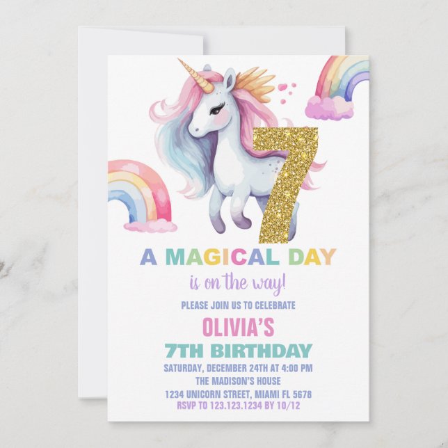 Convite 7 Rainbow Unicorn Aniversações de Aniversário Glit (Frente)