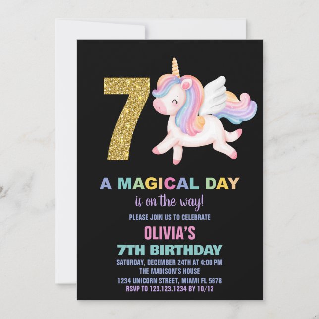 Convite 7 Rainbow Unicorn Aniversário Invoca Preto (Frente)