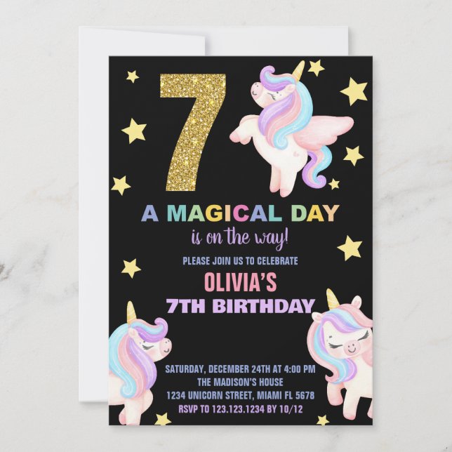 Convite 7 Rainbow Unicorn Aniversário Voa (Frente)