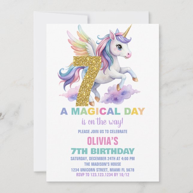 Convite 7 Rainbow Unicorn Aniversário Voa (Frente)