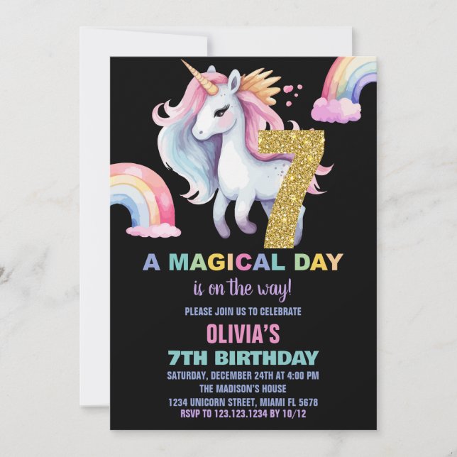 Convite 7 Rainbow Unicorn Birthday Invisions watercolo (Frente)