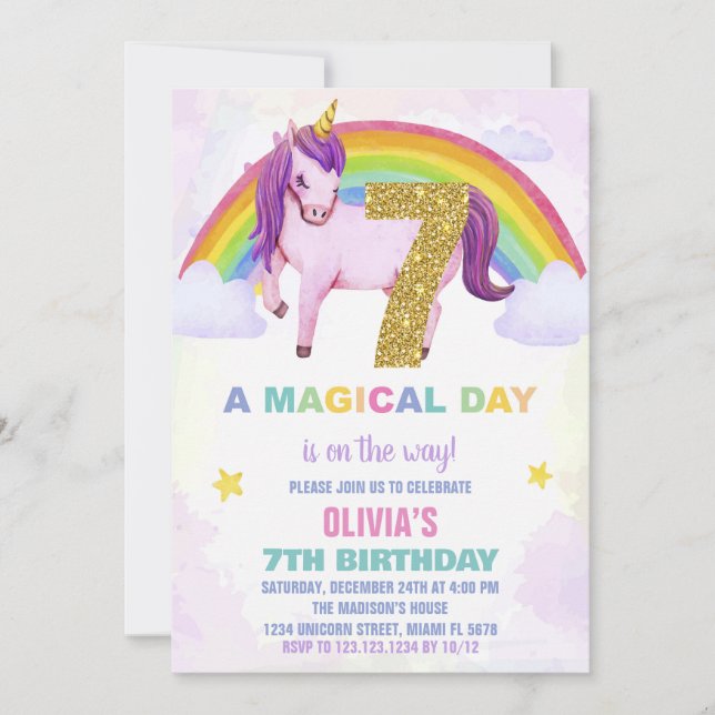 Convite 7 Rainbow Unicorn - Nuvem de Aniversário (Frente)