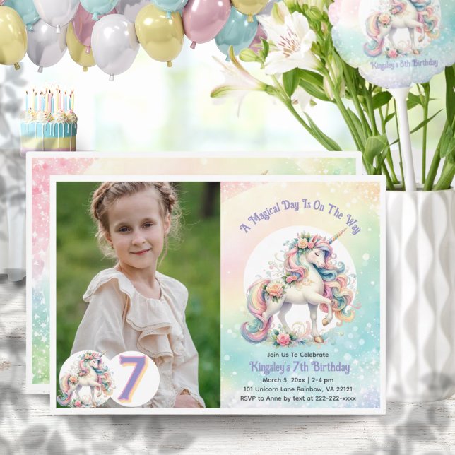 Convite 7 Sétimo Aniversário do Pastel Rainbow Unicorn (7th Seventh Unicorn Pastel Rainbow Birthday Invitation)