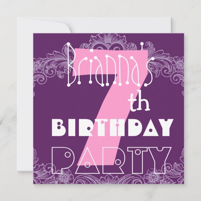 Convite 7o Número grande cor-de-rosa e roxo do aniversário (Frente)